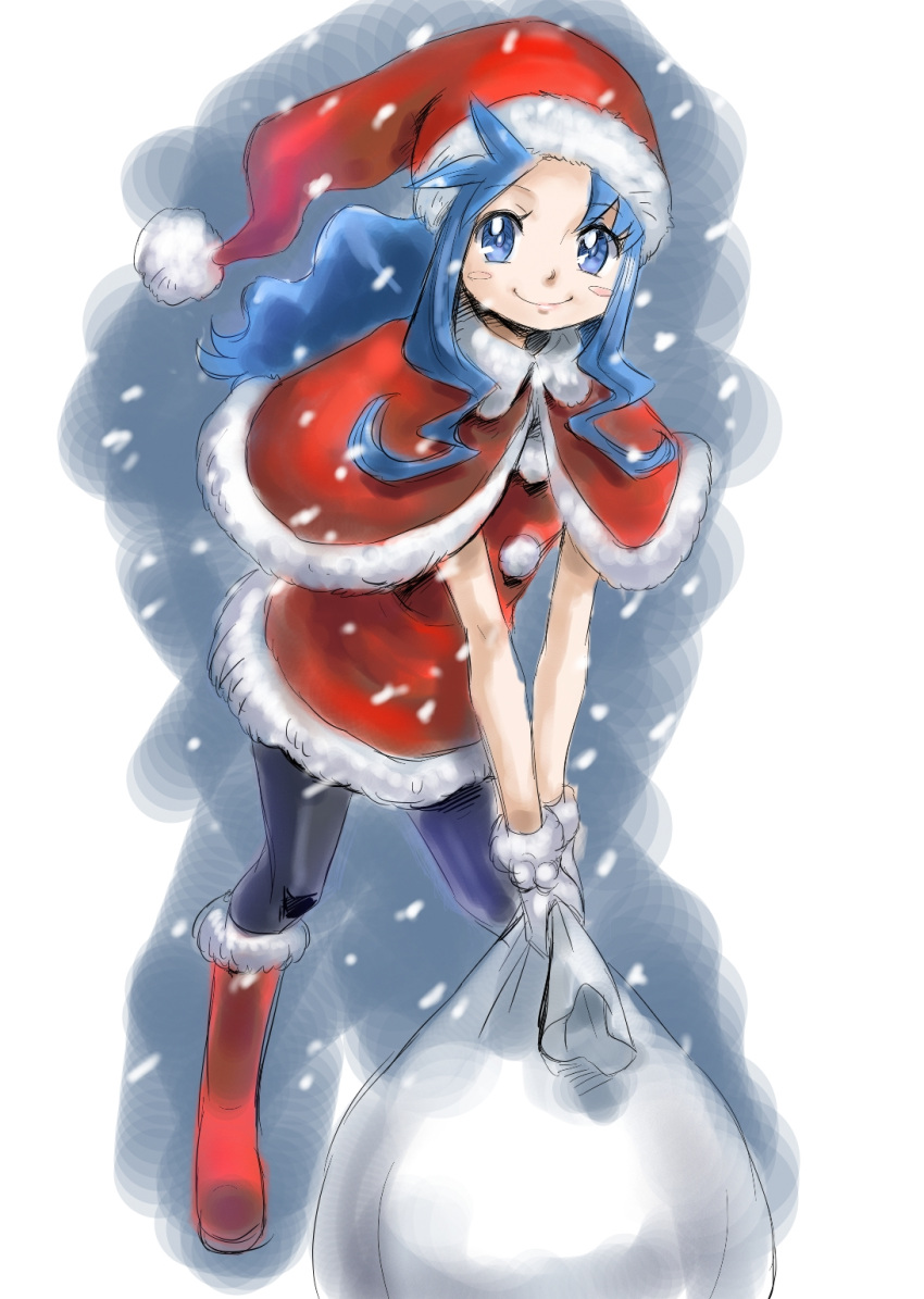 1girl bag black_legwear blue_eyes blue_hair blush_stickers boots capelet christmas dress female gloves hat heartcatch_precure! highres hisaki kurumi_erika long_hair pantyhose precure red_dress santa_costume santa_hat smile snow solo white_gloves