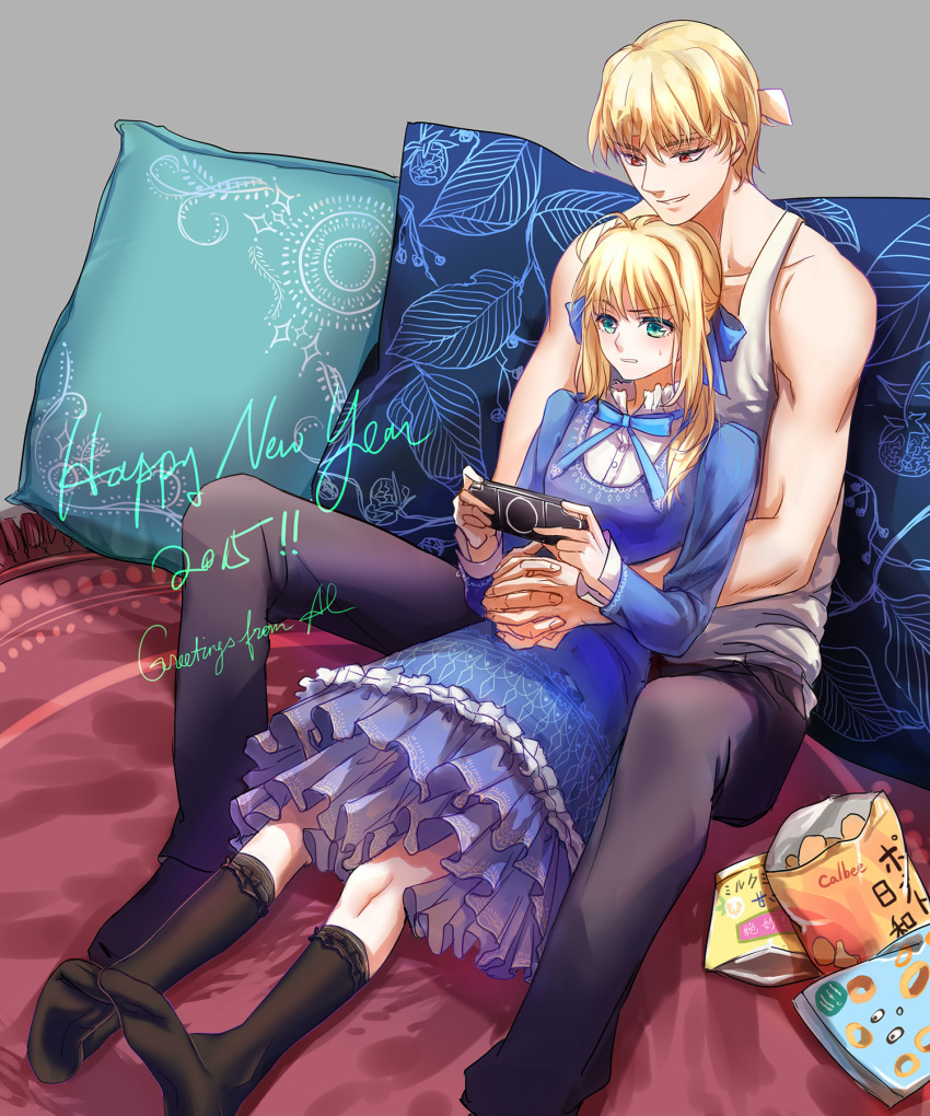 1boy 1girl 2015 alternate_costume blonde_hair blue_dress calbee chips dress earrings fate/stay_night fate_(series) frilled_dress frills gilgamesh highres jewelry lorein playing_games product_placement saber sensha_otoko socks