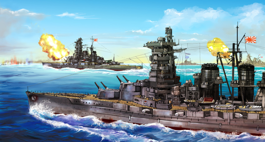 battleship choukai_(battleship) haruna_(battleship) imperial_japanese_navy japanese_flag kongou_(battleship) military no_humans ocean original ship sunburst turret warship yamato_(battleship) yuya