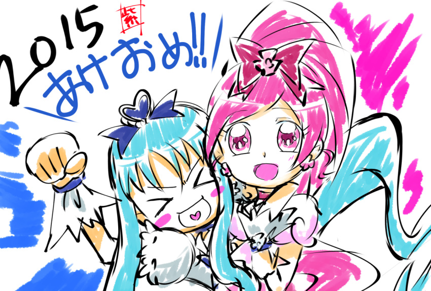&gt;_&lt; 2015 2girls blue_eyes blue_hair blush_stickers cure_blossom cure_marine hair_ornament hanasaki_tsubomi heart heart_in_mouth heartcatch_precure! kurumi_erika long_hair magical_girl multiple_girls new_year open_mouth pink_eyes pink_hair ponytail precure ribbon simple_background sketch smile wrist_cuffs