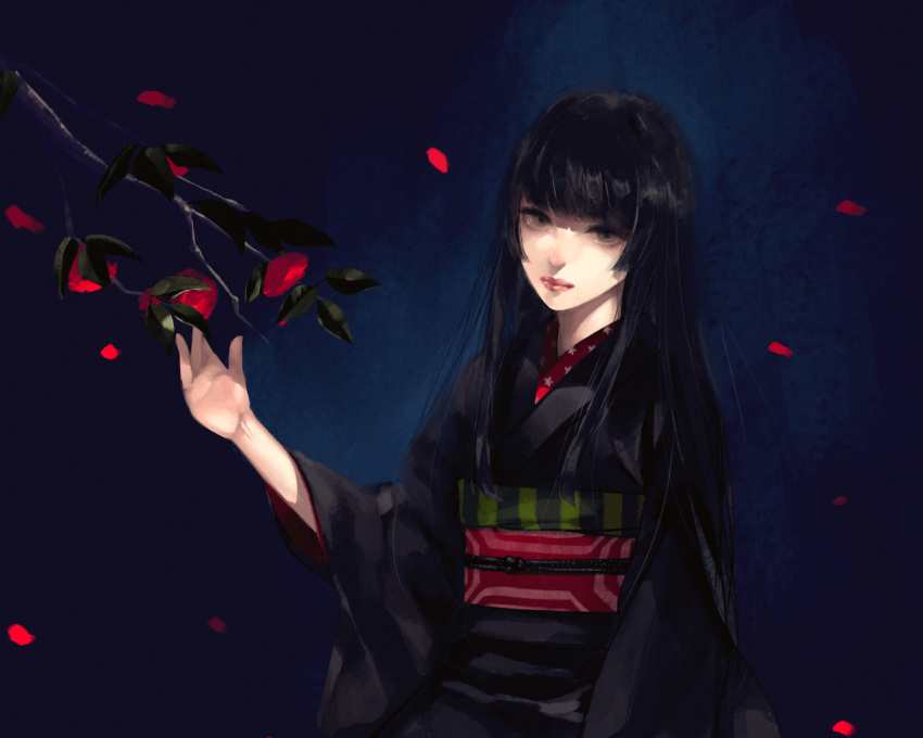 1girl black_hair hime_cut japanese_clothes kimono long_hair original porigon solo