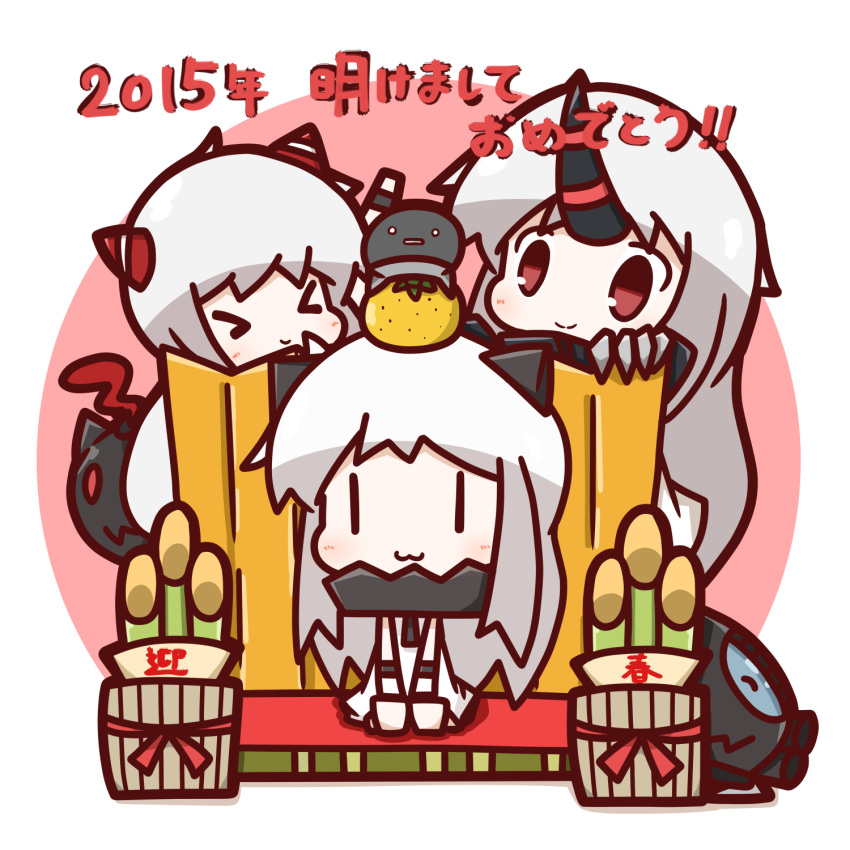 &gt;_&lt; 3girls =3 ahoge airfield_hime chibi claws highres horn horns i-class_destroyer kantai_collection long_hair looking_at_viewer mittens multiple_girls northern_ocean_hime nuu_(nu-nyu) red_eyes seaport_hime seiza shinkaisei-kan sitting translation_request white_hair white_skin wo-class_aircraft_carrier