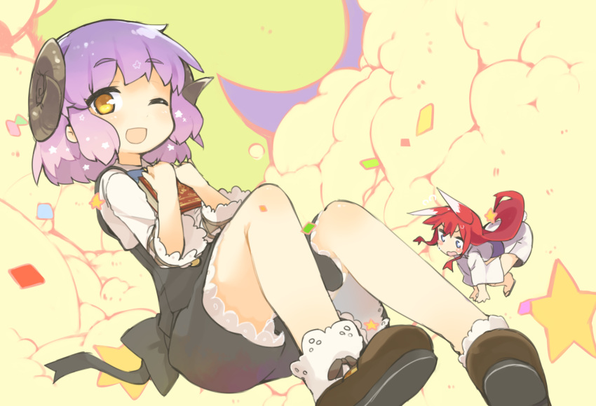 2girls ;d animal_ears book exrail fox_ears highres holding holding_book horns long_hair looking_at_viewer multiple_girls one_eye_closed open_mouth original purple_hair redhead sheep_horns short_hair smile sweat yellow_eyes