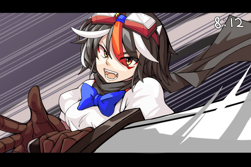 1girl ayakumo black_hair bow brown_gloves bust fake_screenshot fangs gloves goggles highres kijin_seija multicolored_hair oni_horns open_mouth puffy_short_sleeves puffy_sleeves red_eyes scarf short_sleeves solo streaked_hair sword touhou weapon