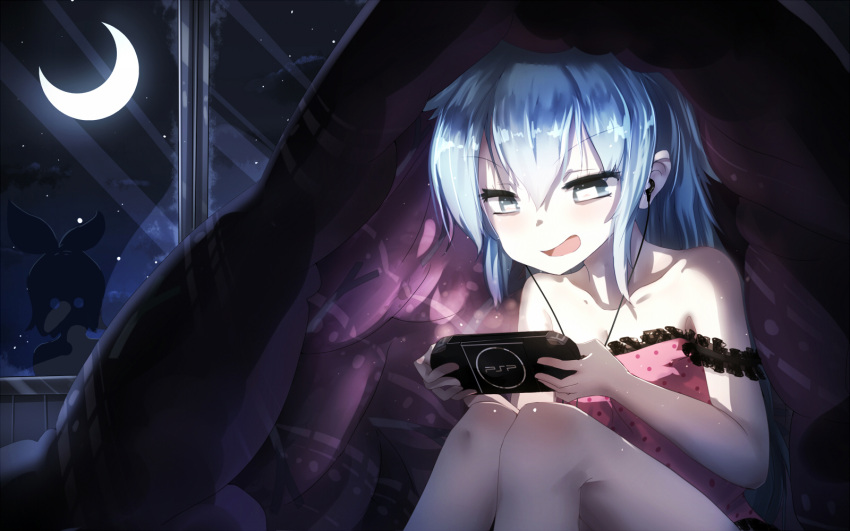 1girl bai_yemeng blanket crescent_moon earphones earphones hatsune_miku highres moon night open_mouth playing_games playstation_portable sitting solo_focus under_covers vocaloid window