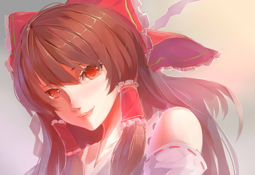 1girl backlighting bow brown_hair bust detached_sleeves hair_bow hair_tubes hakurei_reimu highres lips long_hair looking_at_viewer neck nose red_eyes ribbon-trimmed_sleeves ribbon_trim sleeveless smile solo touhou worldless