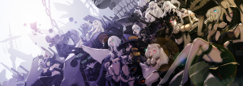 6+girls abyssal_admiral_(kantai_collection) aircraft_carrier_oni aircraft_carrier_water_oni battleship-symbiotic_hime black_dress black_hair blue_eyes chi-class_torpedo_cruiser claws dress gothic_lolita hairband headgear highres horn horns isolated_island_oni kantai_collection lolita_fashion lolita_hairband long_hair machinery mask midway_hime mittens multiple_girls navel northern_ocean_hime re-class_battleship red_eyes ru-class_battleship shinkaisei-kan ta-class_battleship turret undeedking white_dress white_hair white_skin wo-class_aircraft_carrier