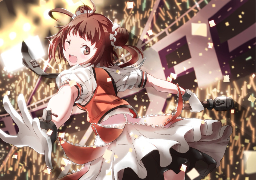 1girl :d brown_eyes brown_hair concert confetti double_bun from_behind holding kantai_collection looking_at_viewer looking_back microphone naka_(kantai_collection) open_mouth outstretched_arms school_uniform serafuku short_hair smile solo spread_arms tsuuhan