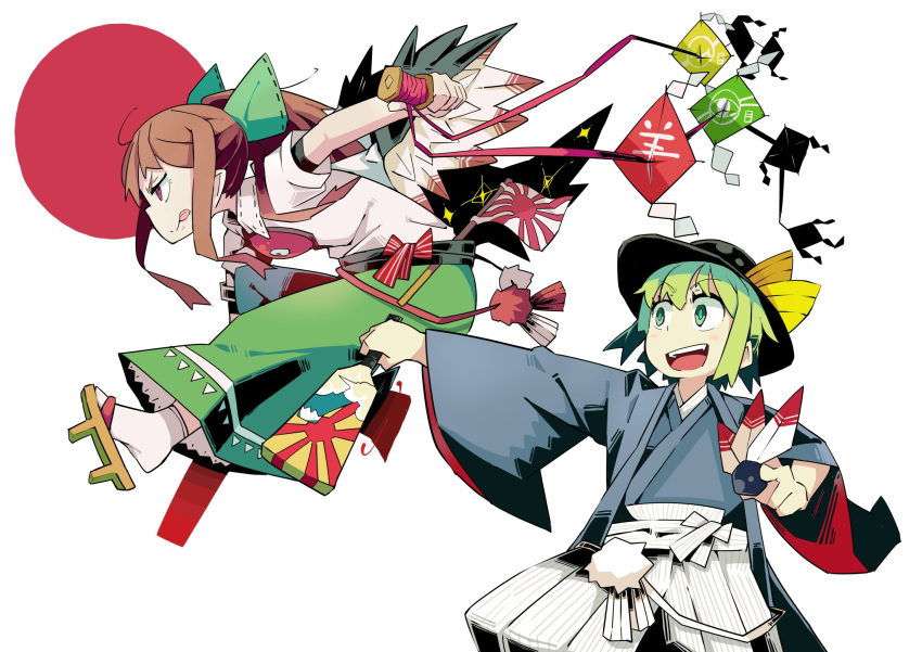 2girls alternate_costume bow brown_hair cape eyeball green_eyes green_hair hair_bow hat hat_ribbon heart highres japanese_clothes japanese_flag kimono komeiji_koishi long_hair multiple_girls open_mouth red_eyes red_sun reiuji_utsuho ribbon rising_sun short_hair skirt smile the_omoti third_eye third_eyes tongue tongue_out touhou wings