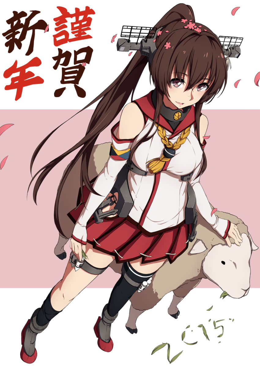 1girl ammunition anchor armband asymmetrical_legwear bare_shoulders black_legwear brown_eyes brown_hair detached_sleeves flower from_above hair_flower hair_ornament headgear high_ponytail highres kantai_collection lamb long_ponytail looking_at_viewer looking_up pleated_skirt red_skirt sailor_collar sblack side_slit skirt yamato_(kantai_collection)