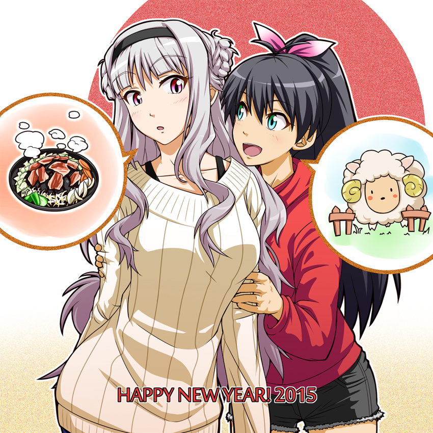 2015 black_hair blue_eyes breasts cooking doku_hebi ganaha_hibiki hairband happy_new_year highres idolmaster long_hair long_sleeves multiple_girls new_year open_mouth ponytail ribbed_sweater sheep shijou_takane silver_hair smile sweater