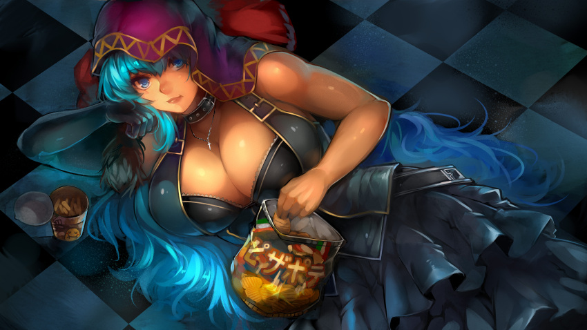 1girl absurdres blue_eyes blue_gloves blue_hair breasts checkered checkered_floor cleavage collar gloves highres hood large_breasts long_hair looking_at_viewer luco_san lying necktie on_side original potato_chips single_elbow_glove skirt solo very_long_hair