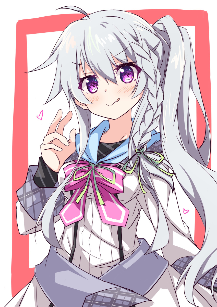 >:) 1girl 9-nine- absurdres ahoge arm_at_side belt blush bow bowtie braid breasts closed_mouth commentary commission cowboy_shot dress eyes_visible_through_hair green_ribbon grey_belt grey_hair hair_between_eyes hair_ribbon hakusen_academy_school_uniform hand_up heart highres inset_border licking_lips long_hair long_sleeves looking_at_viewer medium_breasts mikadzuki_(mika114514jp) niimi_sora pink_bow pink_bowtie ribbon school_uniform side_ponytail sidelocks simple_background single_braid sleeves_past_wrists smile smug solo split_mouth tongue tongue_out v v-shaped_eyebrows very_long_hair violet_eyes white_background white_dress