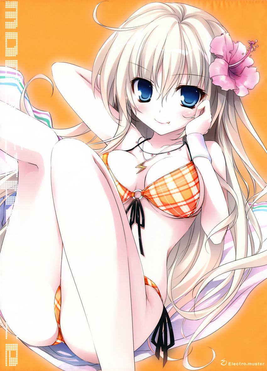 1girl absurdres ahoge bikini blue_eyes copyright_request flower flower_on_head highres karory light_brown_hair long_hair looking_at_viewer o-ring_top sitting smile solo swimsuit