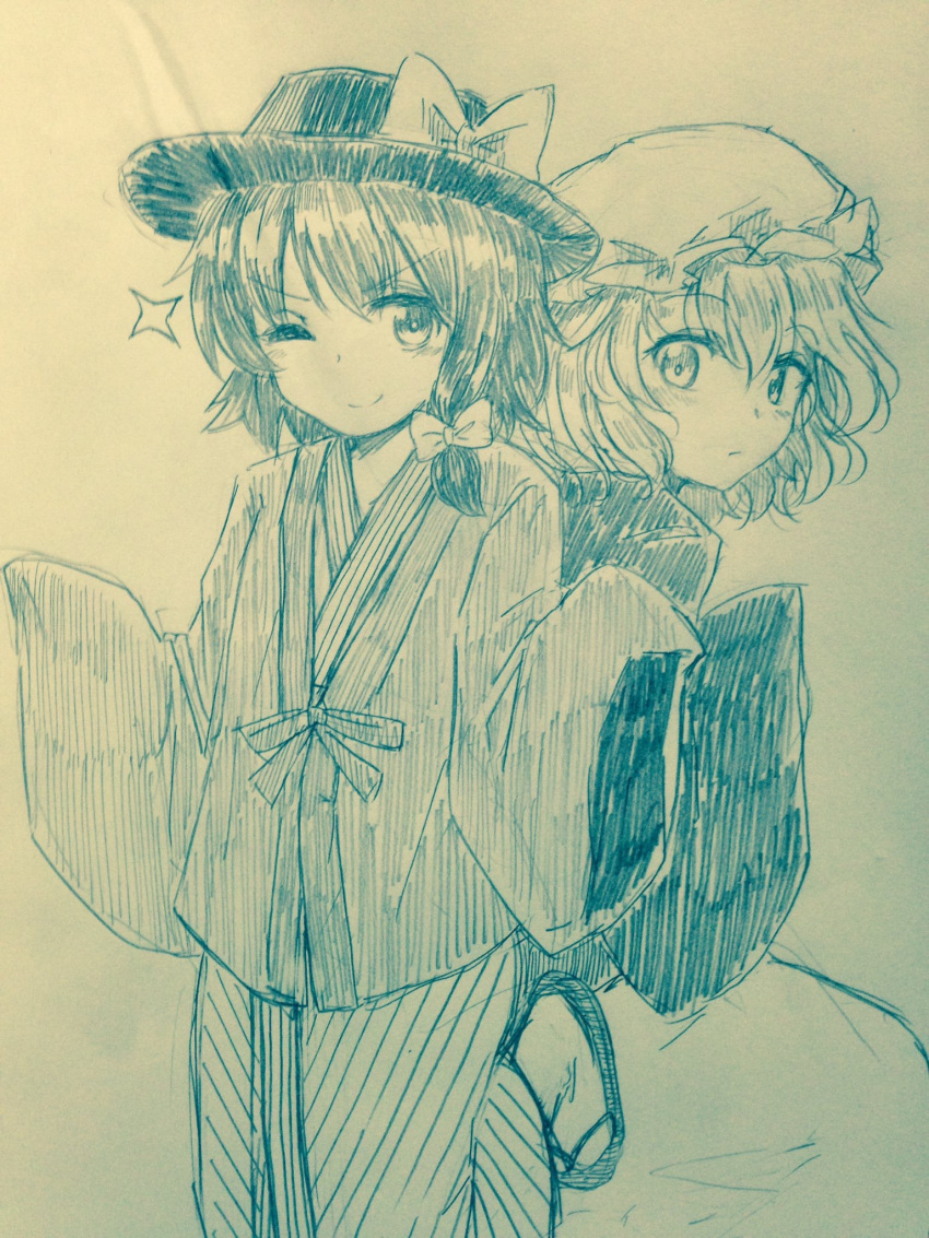 >:) 2girls ;) blush bow closed_mouth commentary_request efukei hair_between_eyes hair_bow hat hat_bow highres long_sleeves looking_at_viewer looking_back maribel_hearn mob_cap monochrome multiple_girls one-hour_drawing_challenge one_eye_closed ryokan sandals sidelocks sleeves_past_fingers sleeves_past_wrists smile sparkle touhou traditional_media usami_renko v-shaped_eyebrows wide_sleeves