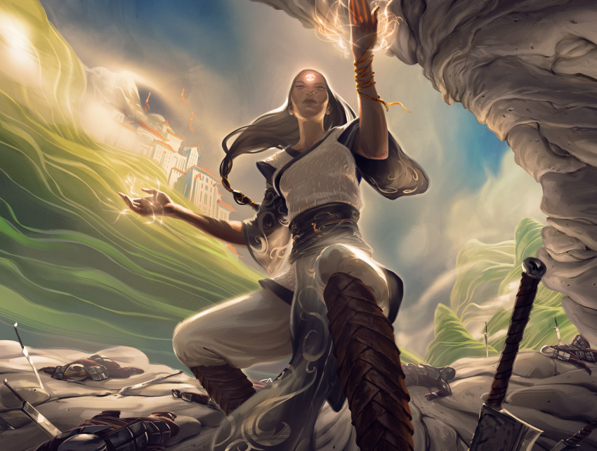 1girl after_battle black_hair city clouds corpse facial_mark fighting_stance forehead_mark glowing johannes_voss long_hair magic:_the_gathering planted_sword planted_weapon sky solo_focus soulfire_grand_master sword weapon