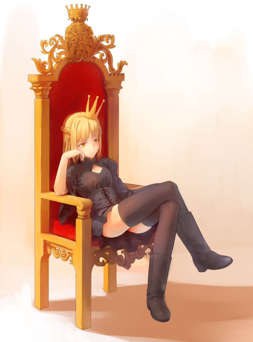 1girl absurdres black_dress black_legwear blonde_hair boots bored chair crossed_legs crown dress fate/hollow_ataraxia fate/stay_night fate_(series) highres saber saber_alter sheepspear sitting solo thigh-highs throne two_side_up yellow_eyes
