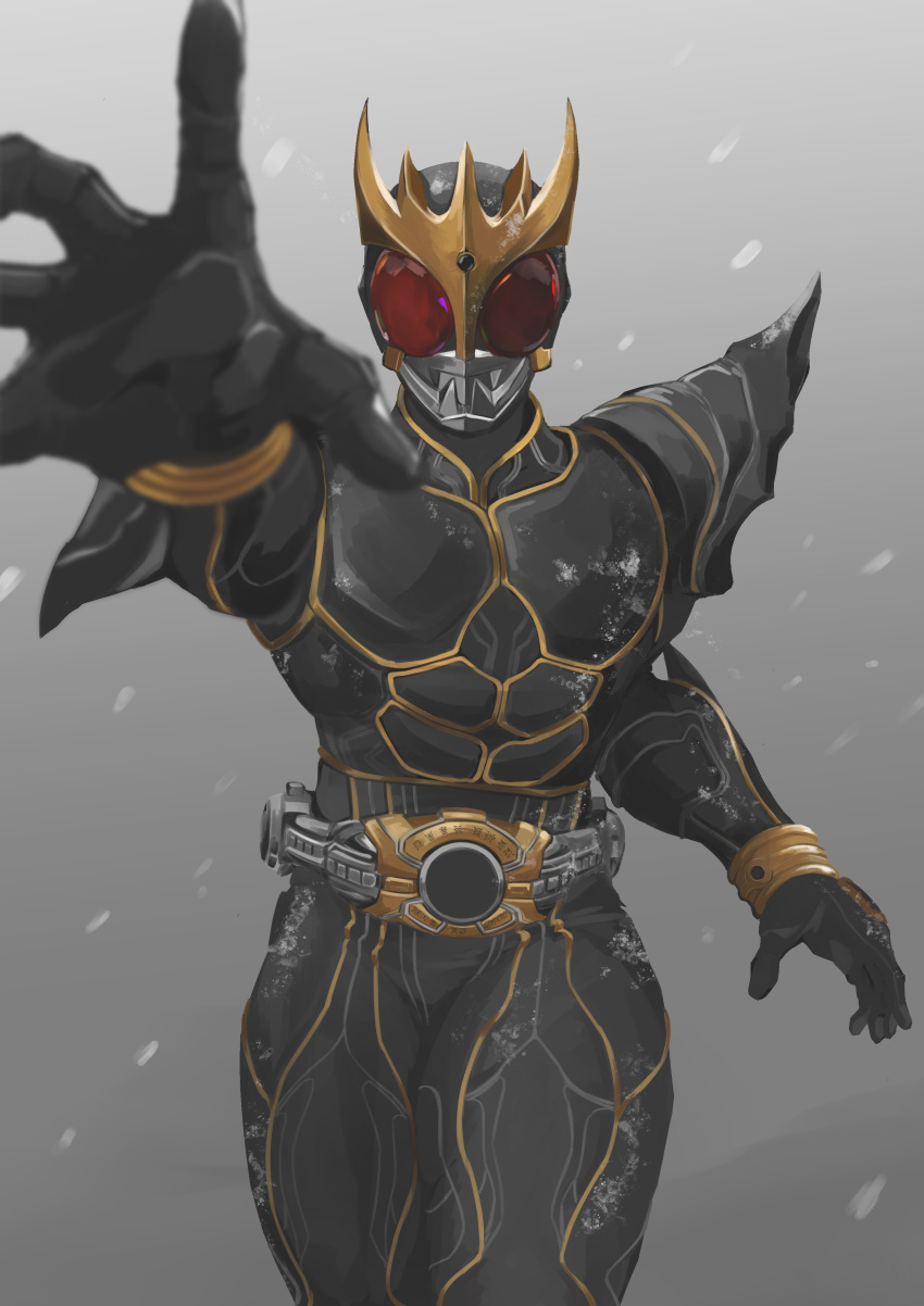 1boy absurdres arcle_(kuuga) armor black_armor blurry commentary_request compound_eyes depth_of_field forehead_jewel gold_horns gold_trim hand_up highres horns kamen_rider kamen_rider_kuuga kamen_rider_kuuga_(series) kamen_rider_kuuga_(ultimate_form) kintsuba_(kintsuba_08) male_focus mask multiple_horns reaching reaching_towards_viewer red_eyes rider_belt shoulder_armor snowing solo thighs tokusatsu upper_body