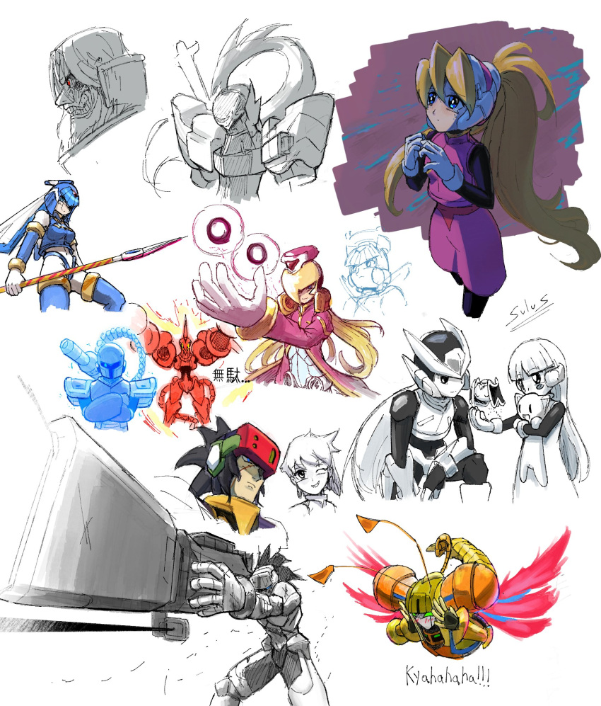1girl alouette_(mega_man) animal beard blonde_hair blue_eyes blue_helmet cat ciel_(mega_man) craft_(mega_man) cyber_elf_(mega_man) cyber_elf_x_(mega_man) dr._weil_(mega_man) elpizo_(mega_man) facial_hair fairy_leviathan_(mega_man) fins gloves glowing glowing_eye head_fins helmet high_ponytail highres holding holding_animal holding_cat holding_polearm holding_weapon long_hair mega_man_(series) mega_man_zero_(series) mega_man_zero_3 mega_man_zero_4 neige_(mega_man) omega_(first_form)_(mega_man) omega_(mega_man) on_one_knee own_hands_together phoenix_magnion pink_helmet pink_top polearm ponytail red_eyes scar scar_on_face skirt smile sol_titanion_(mega_man) solo sulus thigh-highs upper_body vile_(mega_man) weapon white_background white_gloves x_(mega_man) zero(z)_(mega_man) zero_(mega_man)