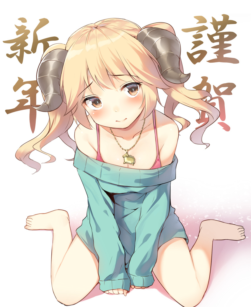 1girl alexmaster bare_shoulders blonde_hair blush brown_eyes highres horns jewelry long_hair original pendant sheep_horns sitting solo sweater translation_request wariza
