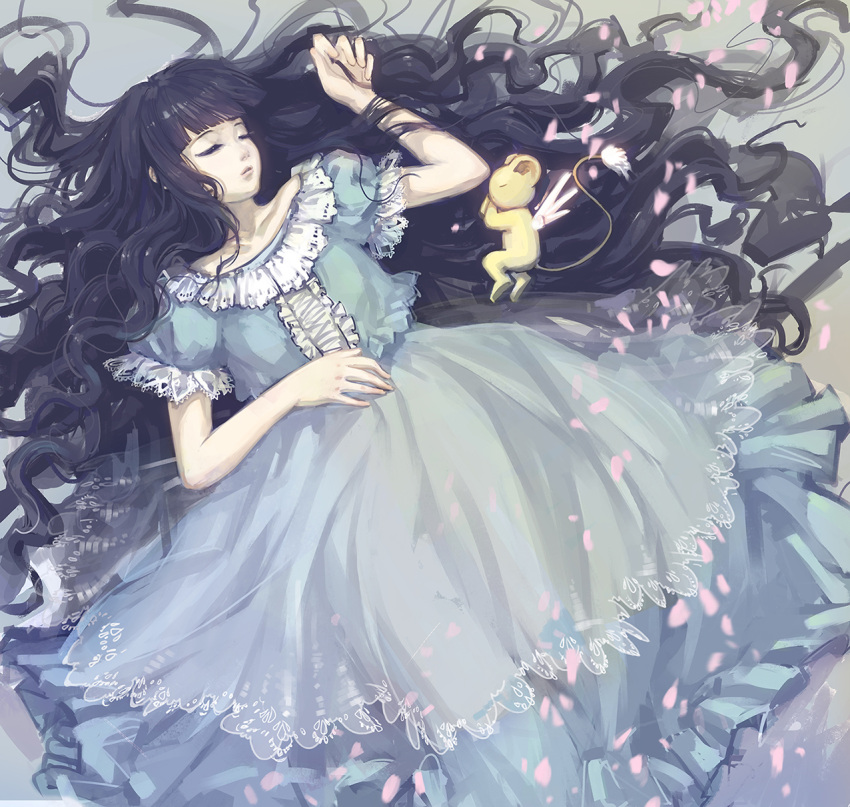 1girl bangs blue_dress blunt_bangs cardcaptor_sakura closed_eyes daidouji_tomoyo dress highres kero lambo_(artist) long_hair lying petticoat sleeping very_long_hair wavy_hair