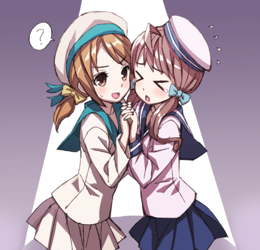 &gt;_&lt; 2girls :o ? ahoge bad_id blush brown_hair error_musume flying_sweatdrops girl_holding_a_cat_(kantai_collection) hair_ribbon hat holding_hands interlocked_fingers kantai_collection kneeling_girl_(kantai_collection) long_hair matsuryuu military military_uniform multiple_girls open_mouth ponytail ribbon skirt smile speech_bubble spoken_question_mark tears twintails uniform