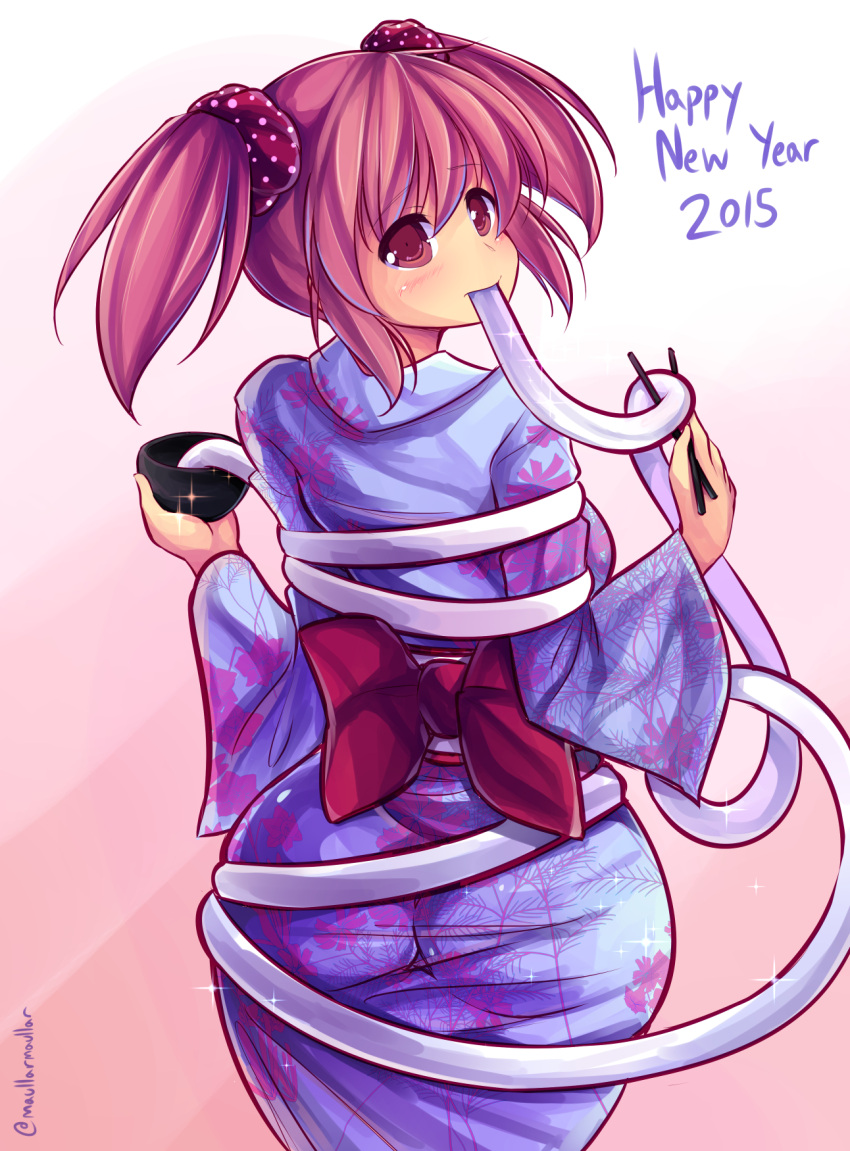 1girl 2015 ass blush bow bowl chopsticks eating food from_behind happy_new_year highres huge_ass japanese_clothes kaname_madoka kimono looking_back mahou_shoujo_madoka_magica maullarmaullar mochi new_year obi pink_eyes pink_hair restrained sash scrunchie short_twintails solo taut_clothes twintails wagashi you're_doing_it_wrong