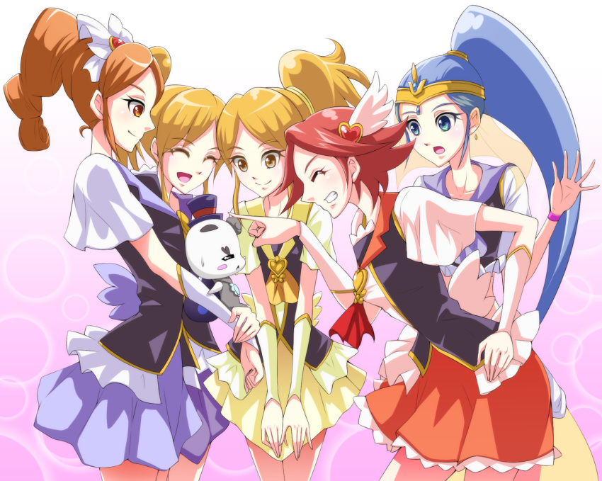 5girls blue_eyes blue_hair blue_skirt bow brooch brown_eyes brown_hair closed_eyes creature cure_gonna cure_katyusha cure_nile cure_pantaloni cure_southern_cross grin hair_bow hair_ornament happinesscharge_precure! hat heart heart_brooch heart_hair_ornament high_ponytail highres jewelry long_hair magical_girl multiple_girls phanphan_(happinesscharge_precure!) phantom_(happinesscharge_precure!) ponytail precure purple_skirt red_skirt redhead short_hair siblings side_ponytail sisters skirt smile top_hat twins yellow_skirt zwei_(santanawamuujojo)