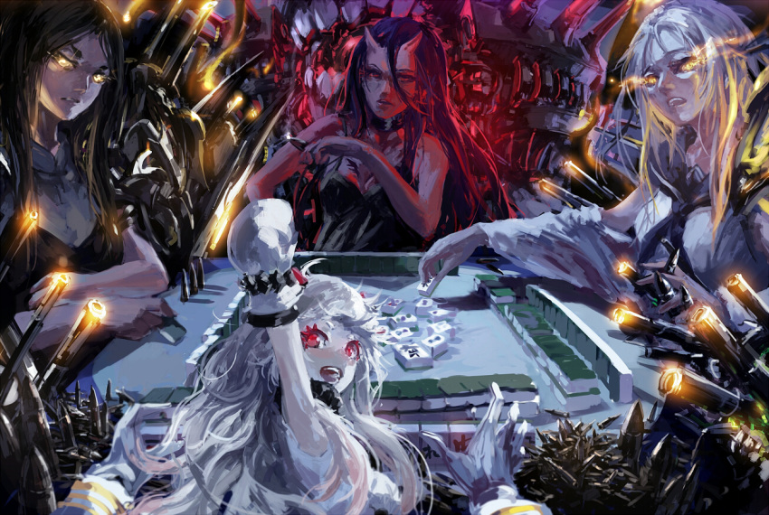 4girls ammunition arm_up battleship-symbiotic_hime black_hair board_game comic horns kantai_collection long_hair machinery mahjong mittens multiple_girls northern_ocean_hime open_mouth red_eyes ru-class_battleship stu_dts ta-class_battleship turret white_hair white_skin yellow_eyes
