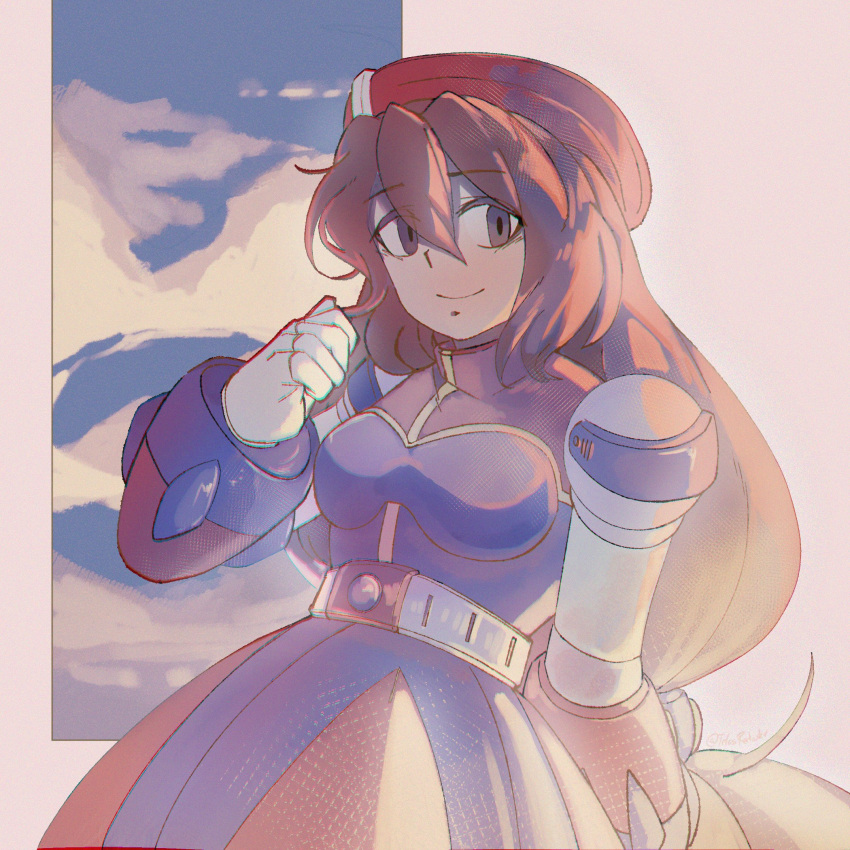 1girl blue_dress blue_sky breasts brown_hair dress green_eyes hat highres iris_(mega_man) long_hair mega_man_(series) mega_man_x_(series) red_dress red_hat sky solo telosratoskr upper_body