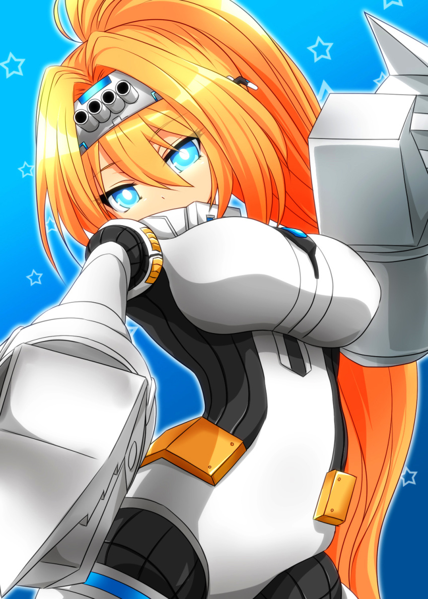 1girl blonde_hair blue_background blue_eyes breasts cowboy_shot female headband highres long_hair looking_at_viewer mechagiras personification ponytail robot_arms solo tsurime ultra_kaijuu_gijinka_keikaku ultra_series ultraman_80_(series) watarui