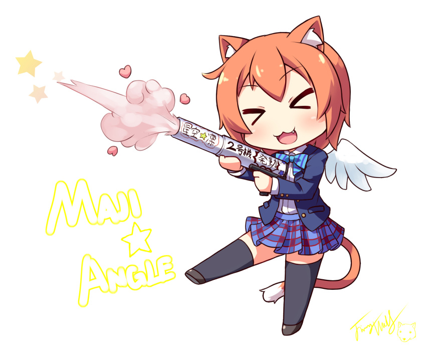 1girl angel_wings animal_ears brown_hair cat_ears cat_tail chibi chinese closed_eyes highres hoshizora_rin langbazi love_live!_school_idol_project short_hair solo tail thigh-highs translation_request weapon wings