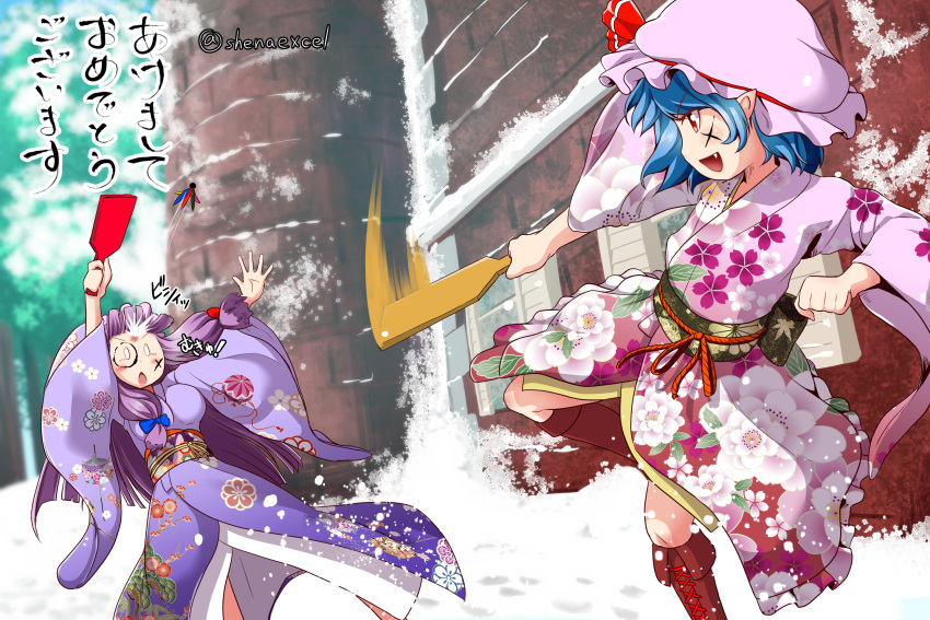 2girls blue_hair excel_(shena) falling fang floral_print headshot highres japanese_clothes kimono long_hair mob_cap multiple_girls new_year obi open_mouth patchouli_knowledge purple_hair remilia_scarlet sash scarlet_devil_mansion shuttlecock smile snow touhou translated very_long_hair