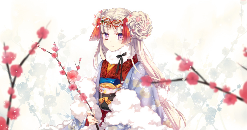 1girl blurry ceru depth_of_field double_bun japanese_clothes kimono layered_clothing layered_kimono long_hair looking_at_viewer new_year original silver_hair smile solo violet_eyes