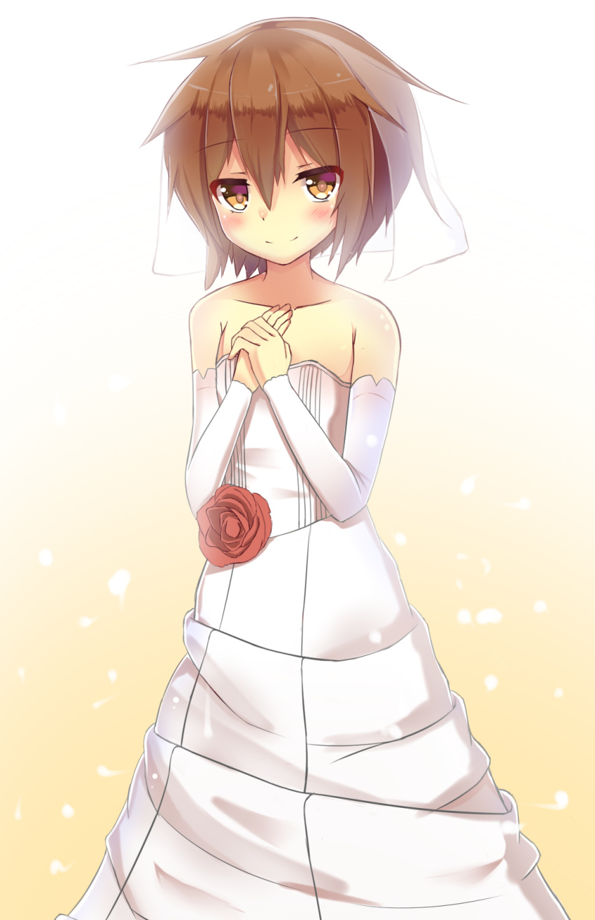 1girl alternate_costume bare_shoulders blush brown_hair corsage dress elbow_gloves gloves gradient gradient_background hands_on_own_chest highres kantai_collection looking_at_viewer ryu_narb short_hair smile solo strapless_dress veil wakaba_(kantai_collection) wedding_dress white_dress white_gloves