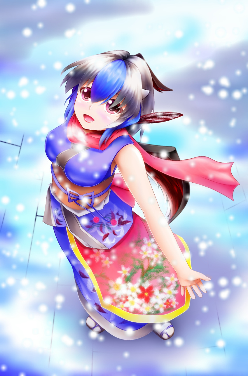1girl :d blue_dress blue_hair breasts dress grasse_siannoto highres horns japanese_clothes kimono large_breasts looking_at_viewer multicolored_hair obi old open_mouth pink_eyes sash short_hair sleeveless smile solo tokiko_(touhou) touhou two-tone_hair white_hair