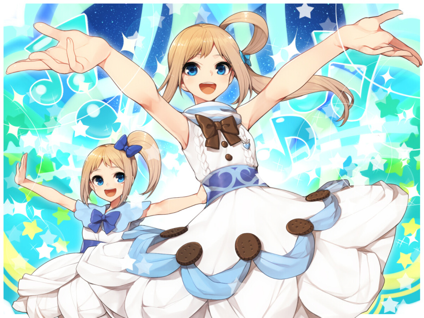 2girls blue_eyes blush character_request dress fukuhara_ann hitoto long_hair multiple_girls outstretched_arms pretty_rhythm pretty_rhythm_rainbow_live short_hair side_ponytail smile spread_arms