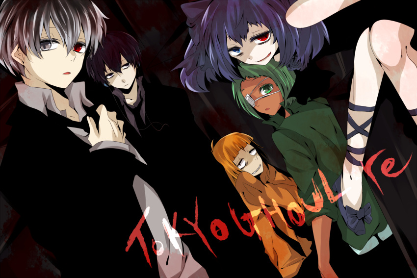 2girls 3boys ahoge black_hair blue_eyes blue_hair dress eyepatch green_hair grin headphones heterochromia kaneki_ken long_hair multiple_boys multiple_girls mutsuki_tooru necktie orange_hair piercing purple_hair sasaki_haise sharp_teeth shirazu_ginshi short_hair smile tokyo_ghoul tokyo_ghoul:re trench_coat twintails urie_kuki yonebayashi_saiko