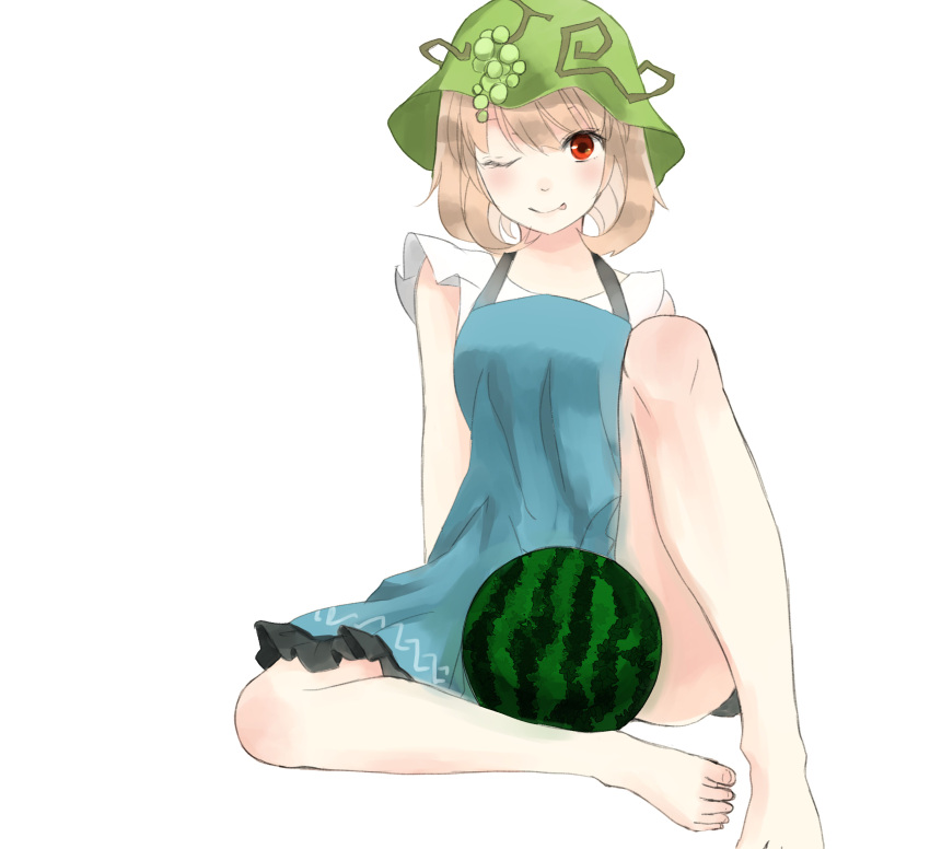 1girl absurdres adapted_costume aki_minoriko alternate_costume blonde_hair dress food fruit grapes hat highres melon nagata_nagato one_eye_closed red_eyes short_hair simple_background smile solo tongue tongue_out touhou white_background