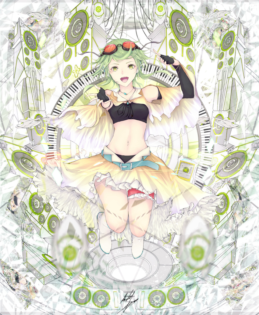 1girl absurdres belt fingerless_gloves garter_straps gloves goggles goggles_on_head green_eyes green_hair gumi headset highres instrument jewelry jumping keyboard_(instrument) looking_at_viewer marumoru midriff navel necklace open_mouth outstretched_arm shawl short_hair signature skirt smile solo speaker vocaloid