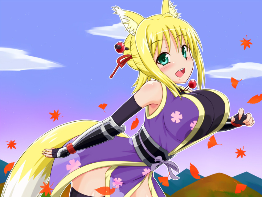 1girl animal_ears autumn_leaves bare_shoulders blonde_hair blush bouncing_breasts breasts dog_days fox_ears fox_tail gloves green_eyes japanese_clothes large_breasts leaf long_hair looking_at_viewer open_mouth ponytail solo tail thigh-highs yosuzu yukikaze_panettone