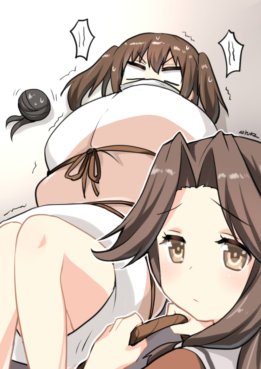 2girls absurdres bare_legs brown_eyes brown_hair commentary futon gagged hair_intakes highres jintsuu_(kantai_collection) kantai_collection long_hair looking_at_viewer multiple_girls naka_(kantai_collection) rope ryuki_(ryukisukune) sendai_(kantai_collection) sumaki_(action) tied_up trembling two_side_up