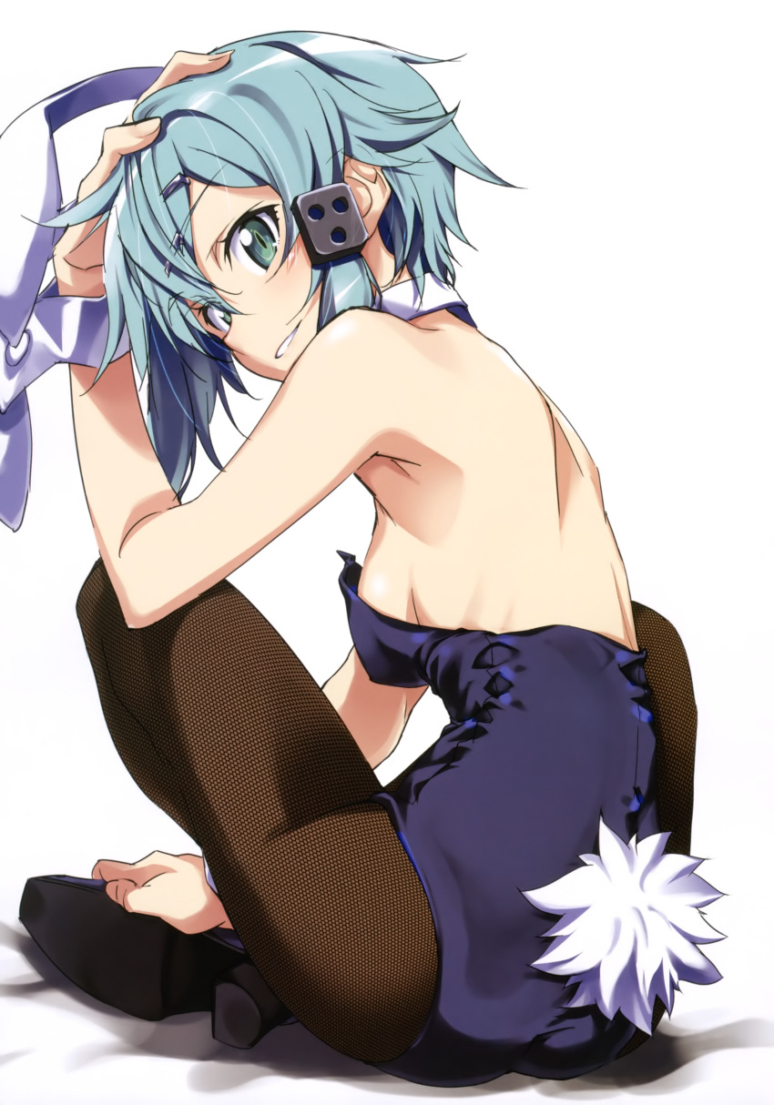 1girl absurdres animal_ears aqua_hair bare_shoulders breasts bunny_tail bunnysuit detached_collar fishnet_pantyhose fishnets from_behind green_eyes grin hair_ornament hairclip highres indian_style kurashima_tomoyasu leaning_forward looking_back pantyhose rabbit_ears shinon_(sao) short_hair sideboob sitting smile solo sword_art_online tail wrist_cuffs