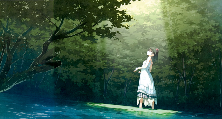 1girl absurdres bare_shoulders black_hair blue_dress dress forest highres kantoku light_rays looking_at_viewer nature one_side_up original outdoors scan scrunchie shizuku_(kantoku) solo sunlight tree violet_eyes wading water white_dress