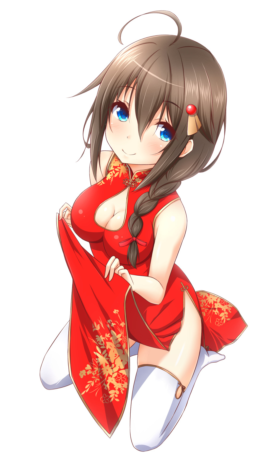 1girl absurdres antenna_hair asymmetrical_hair bare_shoulders blue_eyes braid brown_hair china_dress chinese_clothes cleavage_cutout derivative_work floral_print hair_between_eyes hair_ornament highres kantai_collection kk-sk-ray looking_at_viewer shigure_(kantai_collection) side_braid side_slit sitting smile solo thigh-highs thighs white_legwear