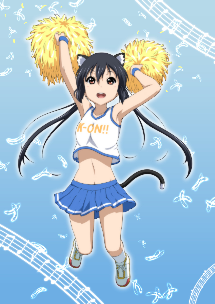 1girl animal_ears armpits black_hair brown_eyes cat_ears cat_tail cheerleader crop_top highres jumping k-on! long_hair midriff musical_note nakano_azusa oku_no_shi pleated_skirt pom_poms revision skirt tail very_long_hair wind_lift wristband