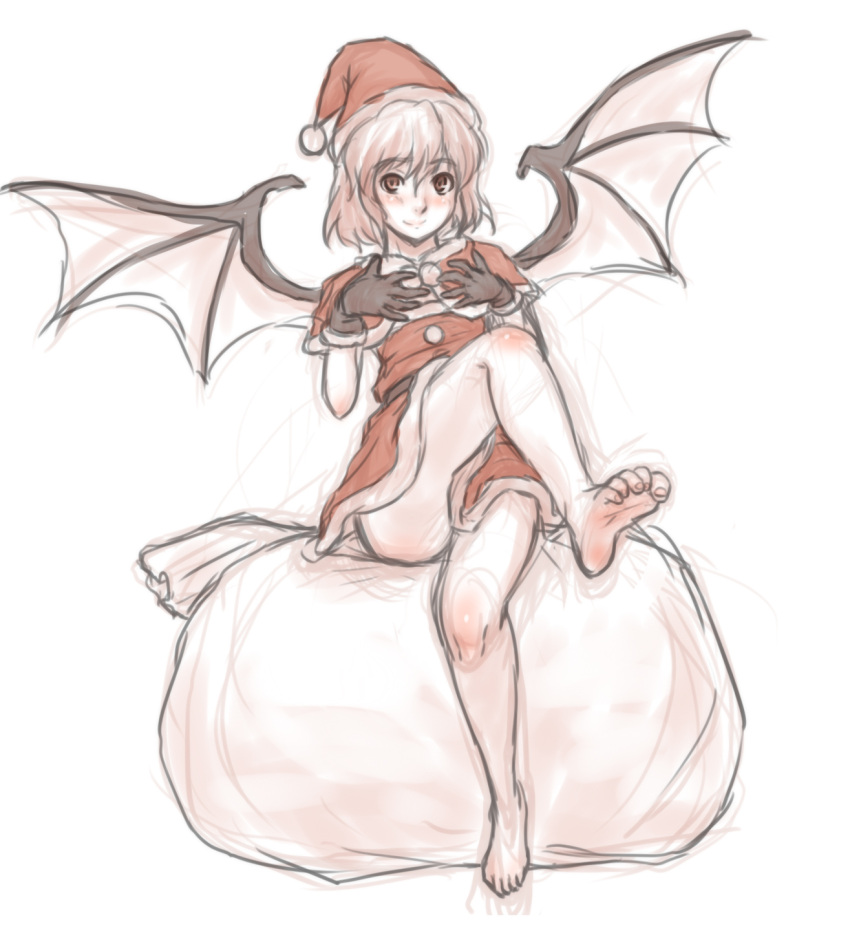 1girl bag barefoot bat_wings black_gloves capelet gloves hat highres kuro_suto_sukii remilia_scarlet restricted_palette santa_costume santa_hat sitting sitting_on_object sketch smile solo touhou wings