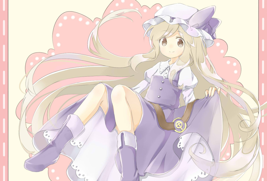 1girl belt blonde_hair boots border brown_eyes doily dress ellipsis_(mitei) hat hat_ribbon juliet_sleeves knees_together_feet_apart long_hair long_sleeves looking_at_viewer mob_cap petticoat puffy_sleeves reclining ribbon skirt_hold smile solo touhou very_long_hair watatsuki_no_toyohime