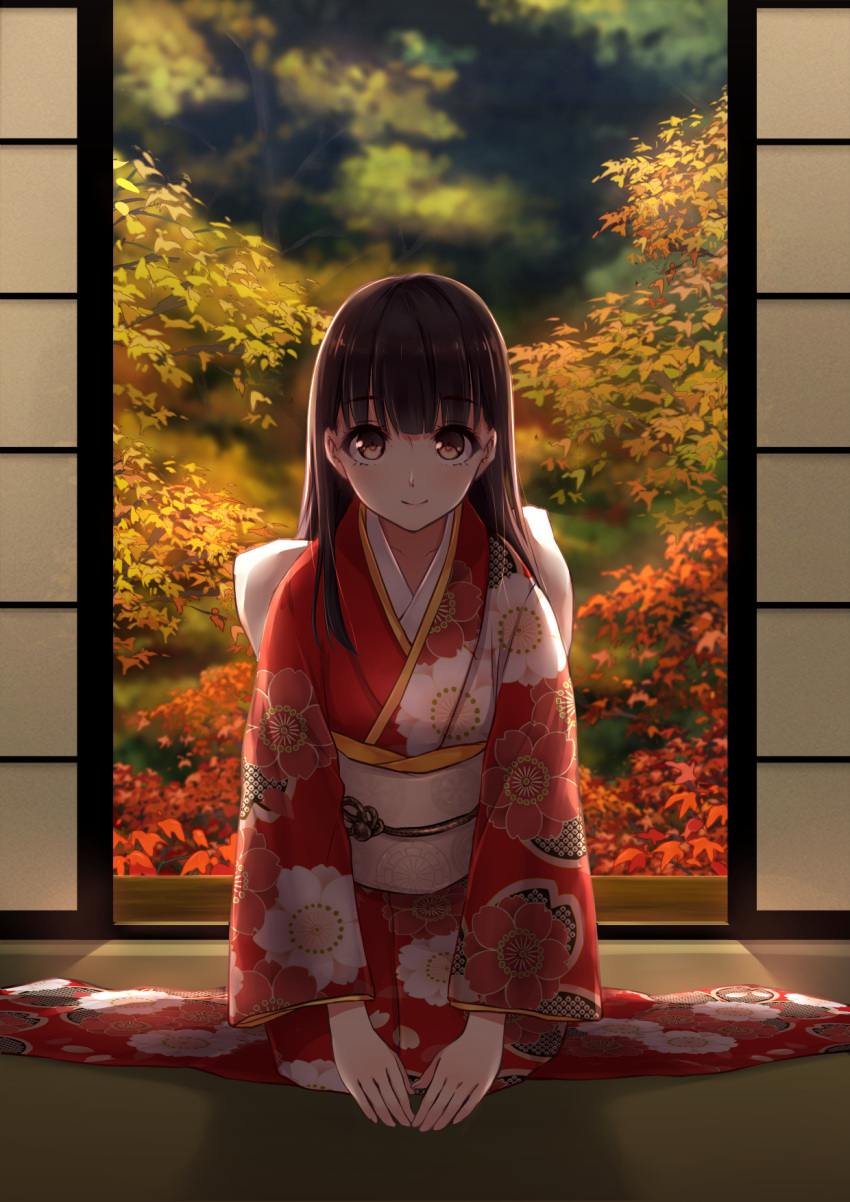 1girl architecture autumn_leaves black_hair brown_eyes east_asian_architecture highres japanese_clothes kimono kneeling long_hair looking_at_viewer new_year original smile solo sura_(mana0703) tree