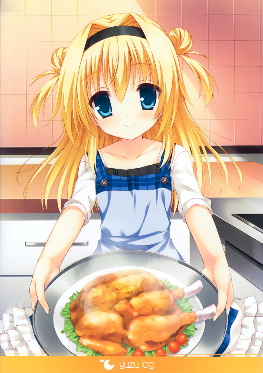 1girl absurdres ani_(artist) apron bird blonde_hair blue_eyes chicken chitose_sana double_bun hair_intakes headband highres huge_filesize incoming_food kitchen outstretched_arms plate smile tenshinranman tile_wall tiles